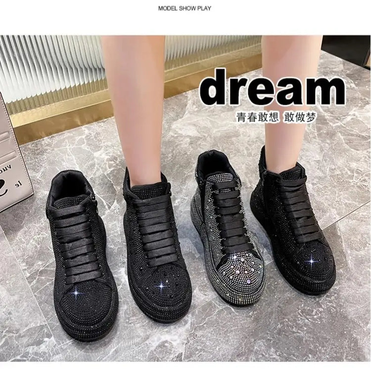 Designer Platform Sneakers Full Diamond Luxury Shoes Versatile Flat Bottom High-top Casual Skateboard Shoes Zapatos De Mujer