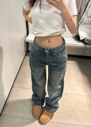 Jeans Baggy Y2K da Donna a Vita Bassa, Gamba Larga, in Denim Lavato Vintage, Pantaloni Larghi Streetwear con Dettaglio Unico Tasca Posteriore