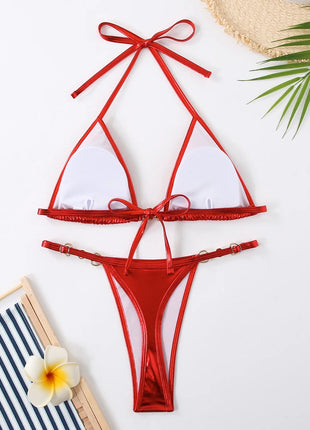 Micro Bikini Rosa Lucido da Donna, Sexy con Perle in PU, Push-Up, Perizoma, Costume da Bagno Estivo, con Lacci, per Vacanze PlatiNum