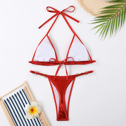 Micro Bikini Rosa Lucido da Donna, Sexy con Perle in PU, Push-Up, Perizoma, Costume da Bagno Estivo, con Lacci, per Vacanze PlatiNum