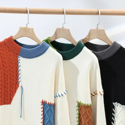 2024 Patchwork Knitted Sweater Trend High Street Autumn Winter Warm Men's Tops Hip-hop Street Clothing Fishing Sports Pullover