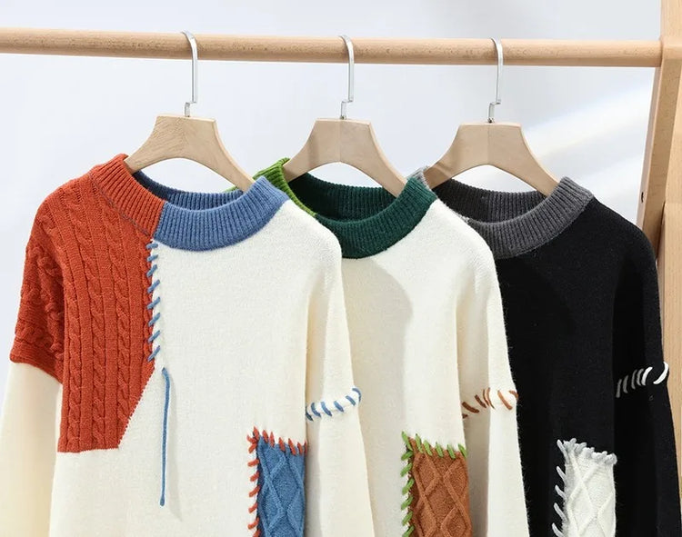 2024 Patchwork Knitted Sweater Trend High Street Autumn Winter Warm Men's Tops Hip-hop Street Clothing Fishing Sports Pullover