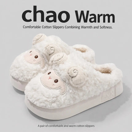 Cute Little Sheep Plush Slippers Women Winter Warm Thick Soft Sole House Shoes Indoor Fuzzy Non-Slip Comfortable Home Slides