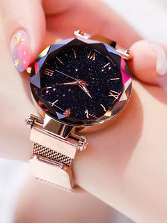 Orologi da donna con cielo stellato alla moda, fibbia magnetica, cintura in rete, orologio al quarzo con diamanti, orologio da donna