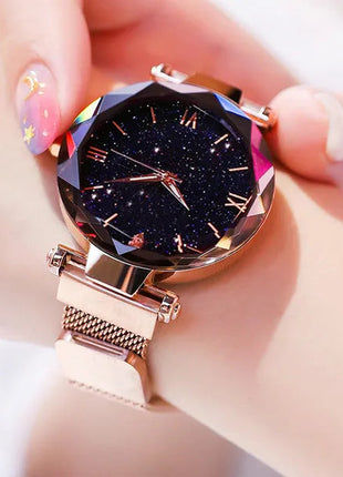 Orologi da donna con cielo stellato alla moda, fibbia magnetica, cintura in rete, orologio al quarzo con diamanti, orologio da donna platinumshop