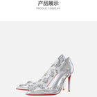Red sole transparent pointed head sexy female stiletto high heels wedding shoes silver rhinestone crystal fairy style new 2024 PlatiNum