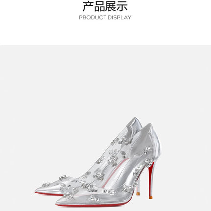 Red sole transparent pointed head sexy female stiletto high heels wedding shoes silver rhinestone crystal fairy style new 2024 PlatiNum