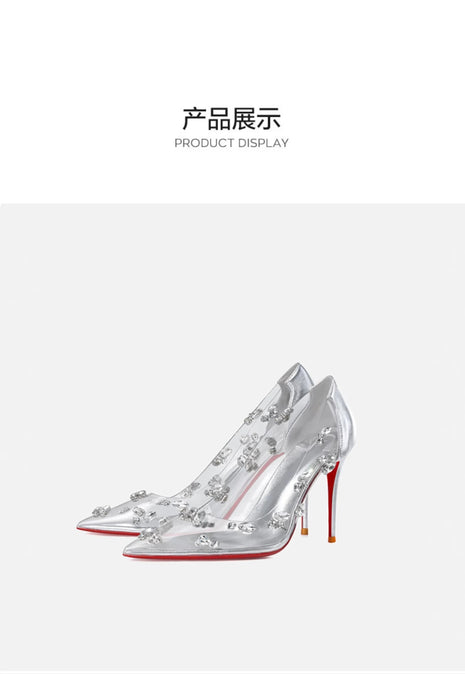 Red sole transparent pointed head sexy female stiletto high heels wedding shoes silver rhinestone crystal fairy style new 2024 PlatiNum
