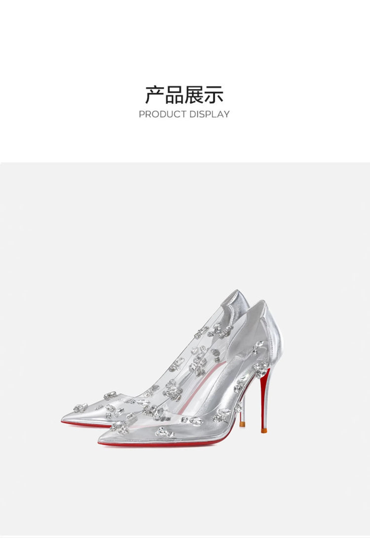 Red sole transparent pointed head sexy female stiletto high heels wedding shoes silver rhinestone crystal fairy style new 2024 PlatiNum