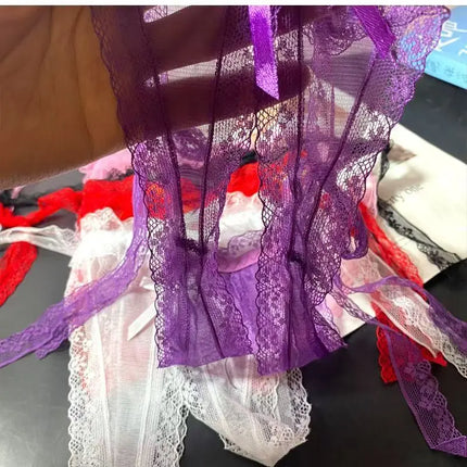Women's Transparent Lace Thong Crotchless Open Range Underpants for Female Woman Sexy Howllout Laced Up Bowknot Panties Briefs