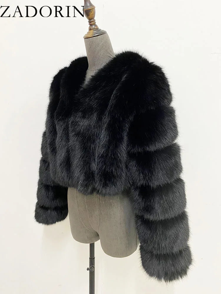 ZADORIN Luxury Cropped White Faux Fox Fur Coat Woman Clothing V Neck Long Sleeve Winter Fluffy Faux Fur Jacket Fur Coats Woman