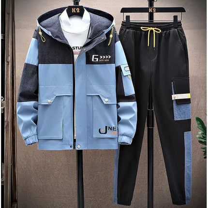 Spring Men Sportswear Tracksuit 2 Piece Running Sets Sports Hooded Jacket+Pant Sweatsuit Male Print Clothing Streetwear