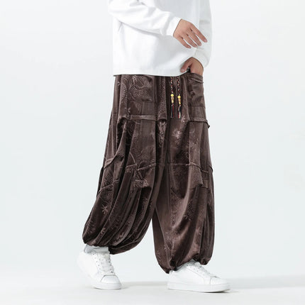Pantaloni di velluto da uomo autunno inverno retrò drago stampa pantaloni larghi da uomo stile cinese pantaloni casual a gamba larga per uomo taglie forti 5XL