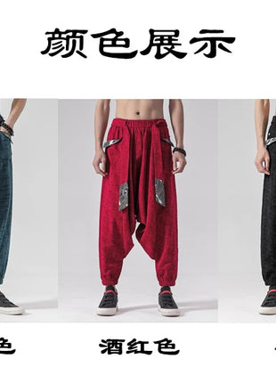 Pantaloni a gamba larga da uomo in cotone e lino casual oversize Harajuku pantaloni alla moda da uomo samurai giapponese retrò Ukiyo-e stampa pantaloni con cintura da uomo