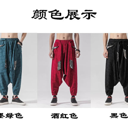 Pantaloni a gamba larga da uomo in cotone e lino casual oversize Harajuku pantaloni alla moda da uomo samurai giapponese retrò Ukiyo-e stampa pantaloni con cintura da uomo