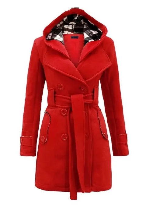 2026 Autumn Women's Hooded Overcoat Trend Double-Breasted Design Belt Side Pockets Plaid Splice Woolen Coats Winter Jacket Femme
