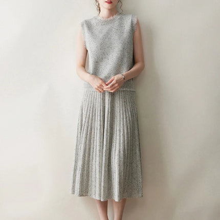 Chic Women's Cashmere Pleated A-line Skirt Autumn Winter 100% Cashmere Knitted Colorful Dots Decoration Elastic Waist Soft Dress PlatiNum