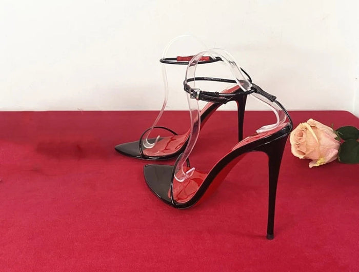 New 12cm Minimalist Ultra-fine Straight Strap High-heeled Shoes with Sexy Ankle Straps Plus Size Slim Heel Bed Sandals Women's PlatiNum