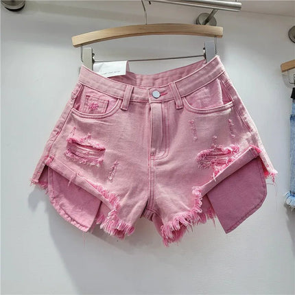 Pantaloncini di jeans con foro rosa delle nuove donne estive 2026 a vita alta che dimagriscono pantaloncini con bordo sfilacciato a trapezio per ragazza piccante - platinumshop