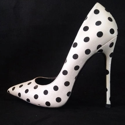 New round polka dot silk high heels with pointed toe, shallow mouth, thin heel 12cm Sexy French Girl Single Shoes PlatiNum