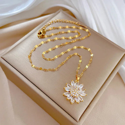 DIEYURO 316L Stainless Steel Luxury Zircon Flower Pendant Necklace For Women Girl New Trend Clavicle Chain Jewelry Lady Gift PlatiNum