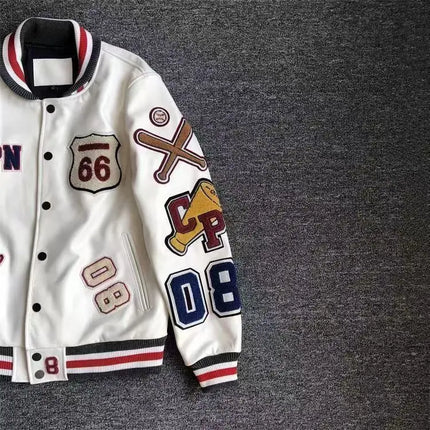 Men's Spring Autumn baseball uniform Retro Trend Men Leather Jacket heavy industry Embroidery white short Coat ins hot sale