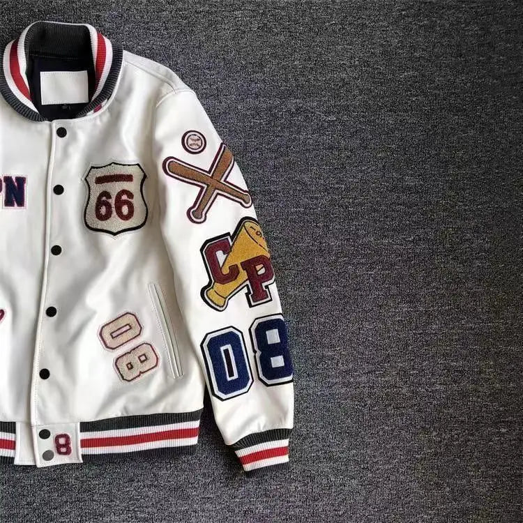 Men's Spring Autumn baseball uniform Retro Trend Men Leather Jacket heavy industry Embroidery white short Coat ins hot sale