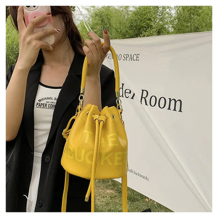 Spring New Fashion Letter PU Leather Bucket Bag Women Simple City Style Shoulder Handbag Trendy Crossbody Satchel Handbag PlatiNum
