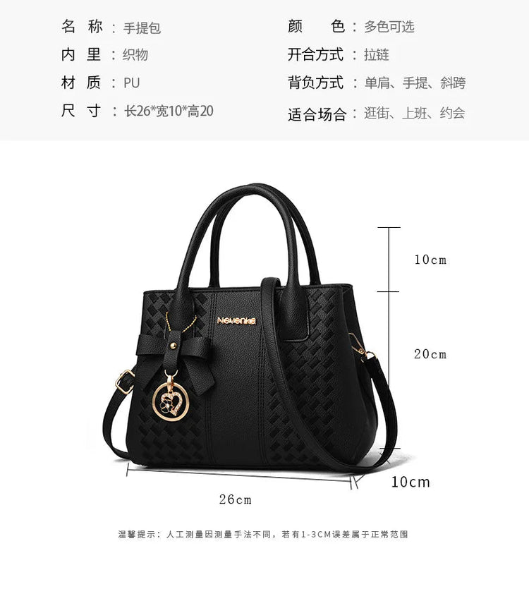 Bow Metal Pendant Top Handle Satchel Crossbody Bag, PU Leather Textured Bag Purse, Classic Versatile Fashion Shoulder Bag PlatiNum