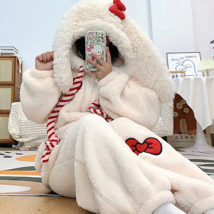 Girls Cartoon Bunny Kigurumi Onesie Pajamas Winter Thick Plush Fleece Hooded Jumpsuit Sleepwear Cute Bow Homewear Loungewear