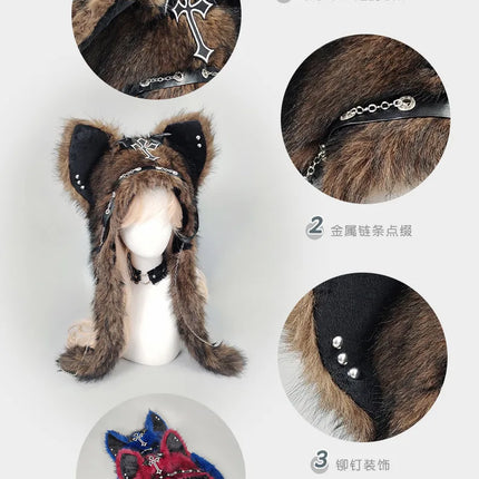 Dark Series Gothic Plush Hat Y2K Cross Metal Style Headwear Cosplay Cat Ear Hat Halloween Punk Rock Warm Cap for Women Men Child