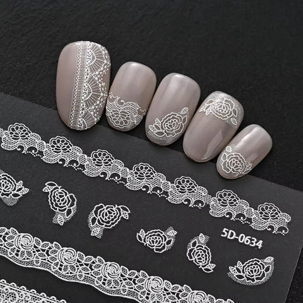 2pcs Y2K White Lace 5D Nail Art Stickers White Embossed Flowers Petals Elegant French Decals Wedding Nails Manicure Decorations