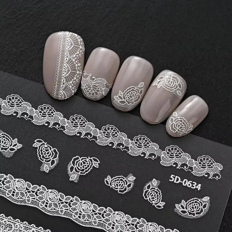 2pcs Y2K White Lace 5D Nail Art Stickers White Embossed Flowers Petals Elegant French Decals Wedding Nails Manicure Decorations