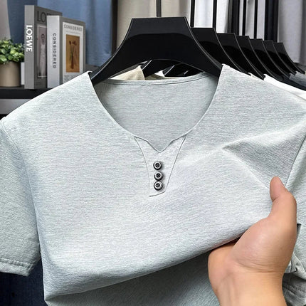 2025 New Men's Business Casual Three Button V-neck Short Sleeved T-shirt Korean Style Summer Comfortable Versatile Top PlatiNum