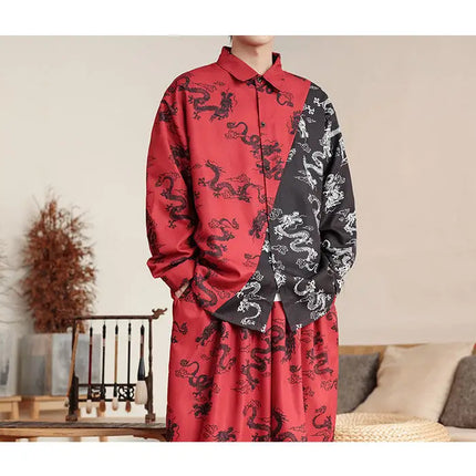 Camicie in Stile Cinese per Uomo, Nuove Camicie Retrò con Drago Rosso, Comode e Casual, Abbigliamento Tradizionale per Kung Fu e Tai Chi
