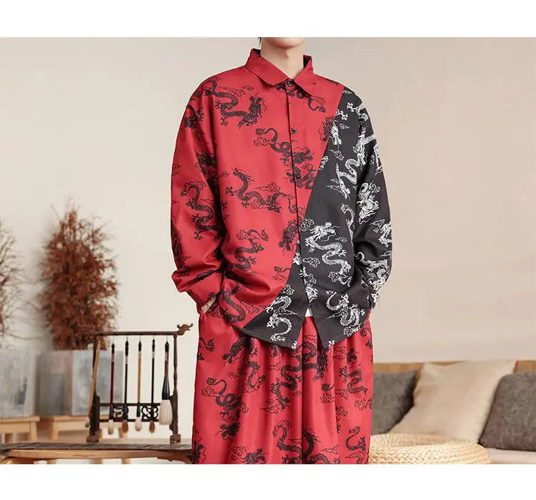 Camicie in Stile Cinese per Uomo, Nuove Camicie Retrò con Drago Rosso, Comode e Casual, Abbigliamento Tradizionale per Kung Fu e Tai Chi