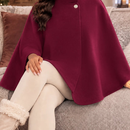 Women's Autumn and Winter Solid Color Elegant Cape with Gold Buttons and Belt Design
