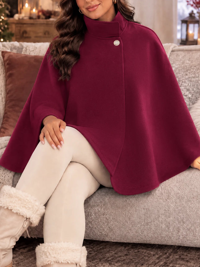 Women's Autumn and Winter Solid Color Elegant Cape with Gold Buttons and Belt Design