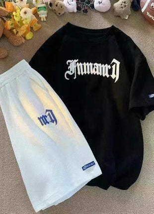 Set di abbigliamento sportivo a maniche corte in seta di ghiaccio estiva casual con waffle transfrontaliero T-shirt da uomo Set di abbigliamento da uomo abbinato platinumshop