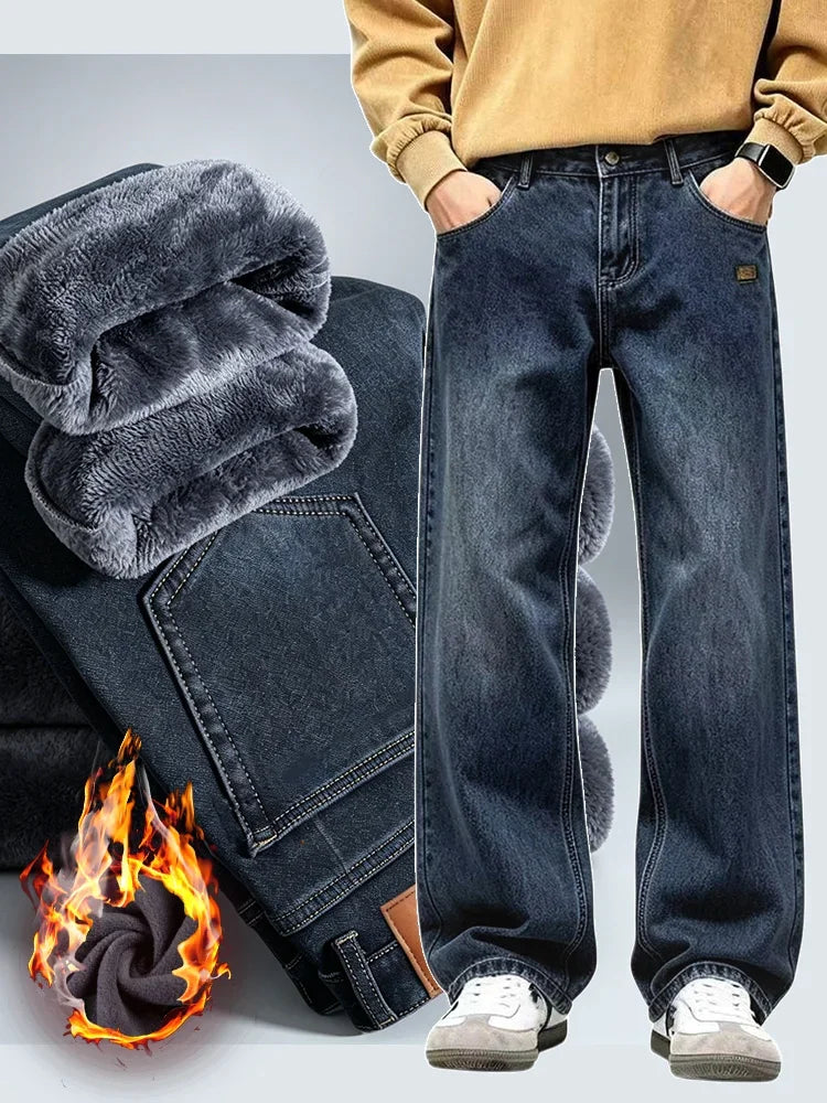 American Retro Jeans Men's 2026 Autumn and Winter with Plush New Trendy Brand High Street Casual Loose Straight Leg Long Pants