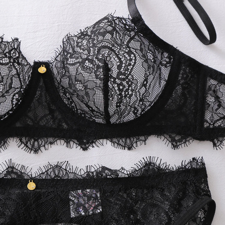 Tornova Erotic Lingerie Fashion Style Eyelash Lace Hollow See-through Sexy Women Luxurious Body Shaping Adjustable Bra Split Set