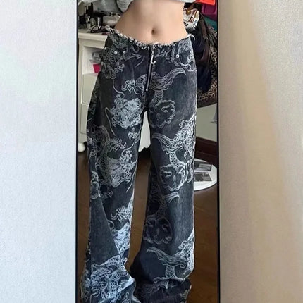 Donne Nero Gotico Drago Stampa Jeans Baggy Vintage Estetica Pantaloni Da Cowboy Harajuku Pantaloni In Denim Y2k Trashy 2000s Vestiti 2024