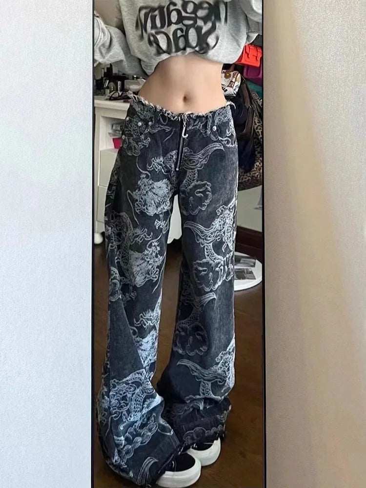 Donne Nero Gotico Drago Stampa Jeans Baggy Vintage Estetica Pantaloni Da Cowboy Harajuku Pantaloni In Denim Y2k Trashy 2000s Vestiti 2024