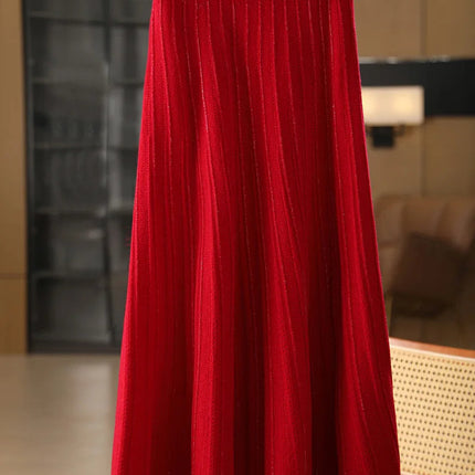 Women's Wool Skirts A-Line Pleated Cashmere Skirt Autumn Winter Elastic Waist 100% Merino Wool Knitted Bright Silk Style Dress PlatiNum