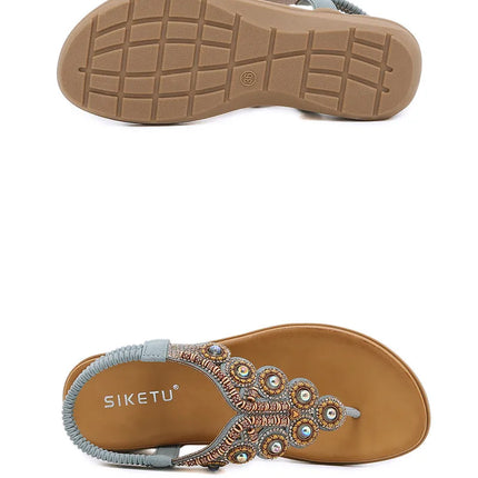 New 2026 Women's Summer Bohemian Style Sandals, Flip-Flop Design with Beaded and Rhinestone Buckle, Elastic Heel Strap, Comfortable Everyday Shoes