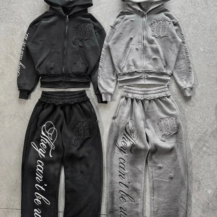 Retro hip hop Y2K street distressed color ripped design casual loose couple set trendy punk high street gothic fashion coat PlatiNum