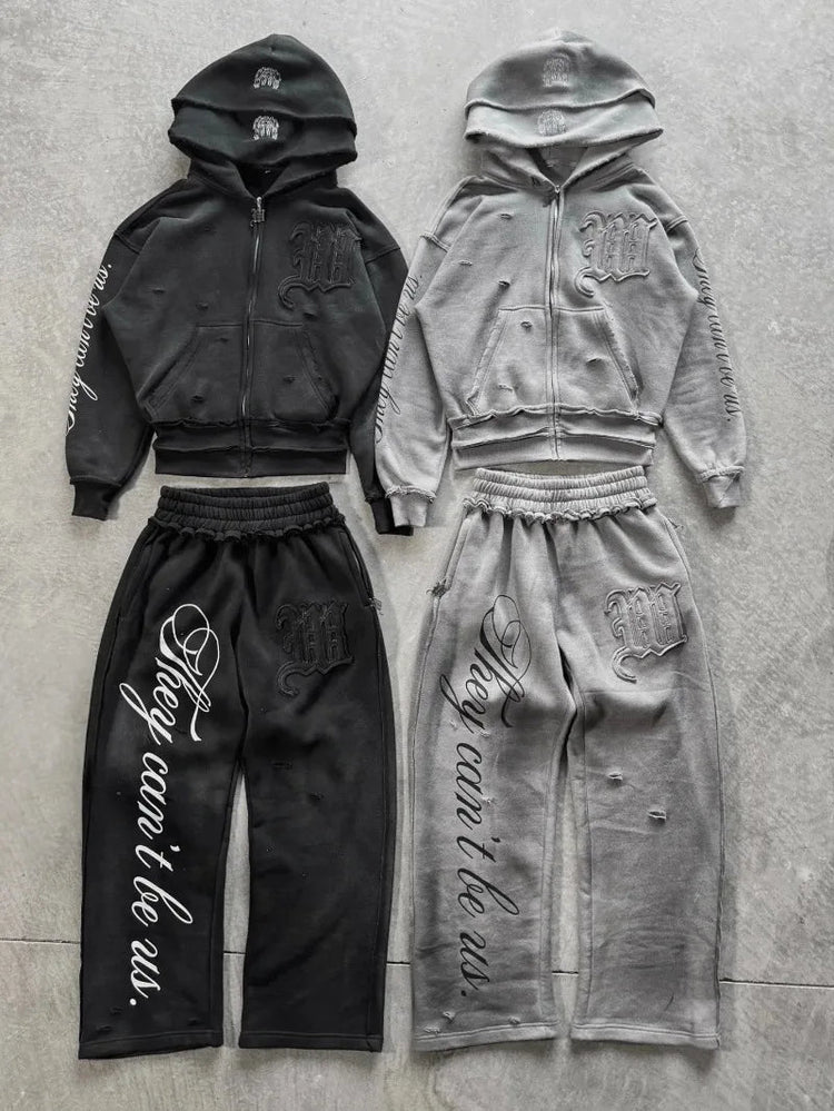 Retro hip hop Y2K street distressed color ripped design casual loose couple set trendy punk high street gothic fashion coat PlatiNum