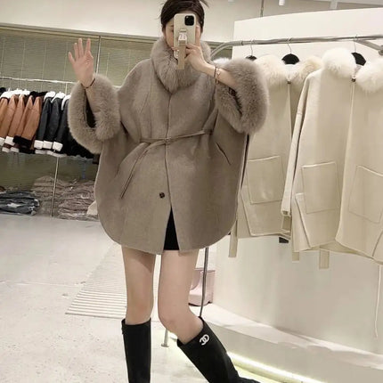 UCXQ Korean Style Two Sided Cloak Overcoat For Women Fur Collars Belt Loose Long Coats 2025 Winter New 23Z2284