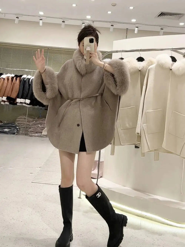 UCXQ Korean Style Two Sided Cloak Overcoat For Women Fur Collars Belt Loose Long Coats 2025 Winter New 23Z2284
