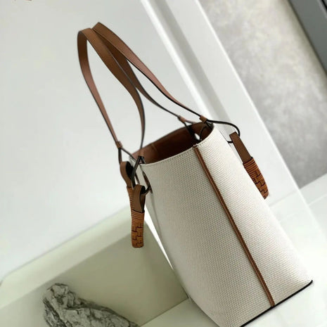 Borsa tote verticale in tela bianco sporco, borsa a tracolla multiuso con finiture in pelle di lusso